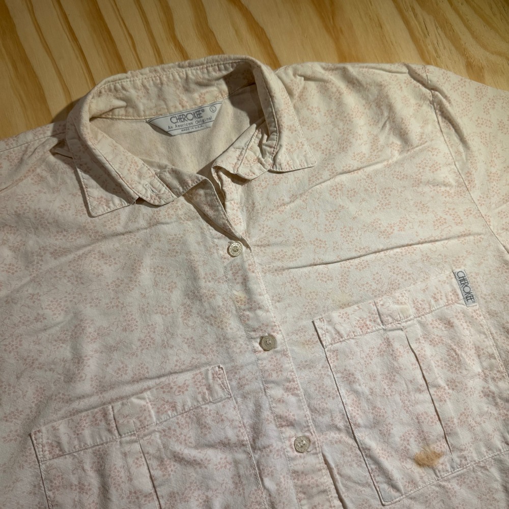 Vintage Cherokee Floral Button Down Shirt Womens Large Pink Cream Short Sleeve
